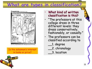 What are types in classification? What kind of written classification is this? “ The professors at this college dress in three different levels: they dress conservatively, fashionably, or casually.” The professors can be classified according to __1. degree __2. chronology __3. location Is the salesman’s interest in looks or price? 