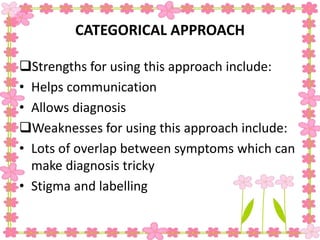 CATEGORICAL APPROACH
Strengths for using this approach include:
• Helps communication
• Allows diagnosis
Weaknesses for using this approach include:
• Lots of overlap between symptoms which can
make diagnosis tricky
• Stigma and labelling
 