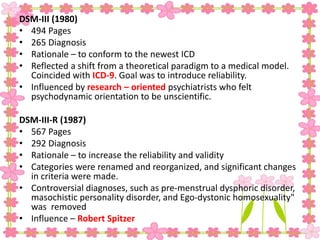 DSM-III (1980)
• 494 Pages
• 265 Diagnosis
• Rationale – to conform to the newest ICD
• Reflected a shift from a theoretical paradigm to a medical model.
Coincided with ICD-9. Goal was to introduce reliability.
• Influenced by research – oriented psychiatrists who felt
psychodynamic orientation to be unscientific.
DSM-III-R (1987)
• 567 Pages
• 292 Diagnosis
• Rationale – to increase the reliability and validity
• Categories were renamed and reorganized, and significant changes
in criteria were made.
• Controversial diagnoses, such as pre-menstrual dysphoric disorder,
masochistic personality disorder, and Ego-dystonic homosexuality"
was removed
• Influence – Robert Spitzer
 