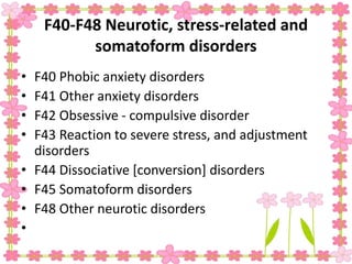 F40-F48 Neurotic, stress-related and
somatoform disorders
• F40 Phobic anxiety disorders
• F41 Other anxiety disorders
• F42 Obsessive - compulsive disorder
• F43 Reaction to severe stress, and adjustment
disorders
• F44 Dissociative [conversion] disorders
• F45 Somatoform disorders
• F48 Other neurotic disorders
•
 