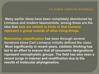  Many earlier ideas have been completely abandoned by
Linnaeus and modern taxonomists, among these are the
idea that bats are related to birds or that humans
represent a group outside of other living things.
 Mammalian classification has been through several
iterations since Carl Linnaeus initially defined the class.
 Most significantly in recent years, cladistic thinking has
led to an effort to ensure that all taxonomic designations
represent monophyletic groups. The field has also seen a
recent surge in interest and modification due to the
results of molecular phylogenetics.
 