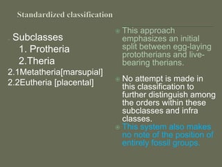  Subclasses
1. Protheria
2.Theria
2.1Metatheria[marsupial]
2.2Eutheria [placental]
 This approach
emphasizes an initial
split between egg-laying
prototherians and live-
bearing therians.
 No attempt is made in
this classification to
further distinguish among
the orders within these
subclasses and infra
classes.
 This system also makes
no note of the position of
entirely fossil groups.
 