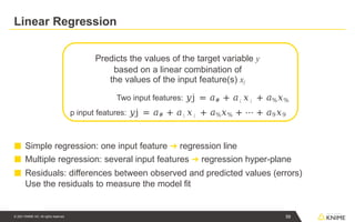 Linear Regression
Predicts the values of the target variable y
based on a linear combination of
the values of the input feature(s) xj
Two input features: 𝑦j = 𝑎# + 𝑎; 𝑥; + 𝑎%𝑥%
p input features: 𝑦j = 𝑎# + 𝑎; 𝑥; + 𝑎%𝑥% + ⋯ + 𝑎9𝑥9
■ Simple regression: one input feature ➔ regression line
■ Multiple regression: several input features ➔ regression hyper-plane
■ Residuals: differences between observed and predicted values (errors)
Use the residuals to measure the model fit
59
© 2021 KNIME AG. All rights reserved.
 