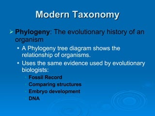 Modern Taxonomy Phylogeny : The evolutionary history of an organism A Phylogeny tree diagram shows the relationship of organisms. Uses the same evidence used by evolutionary biologists: Fossil Record Comparing structures Embryo development DNA 
