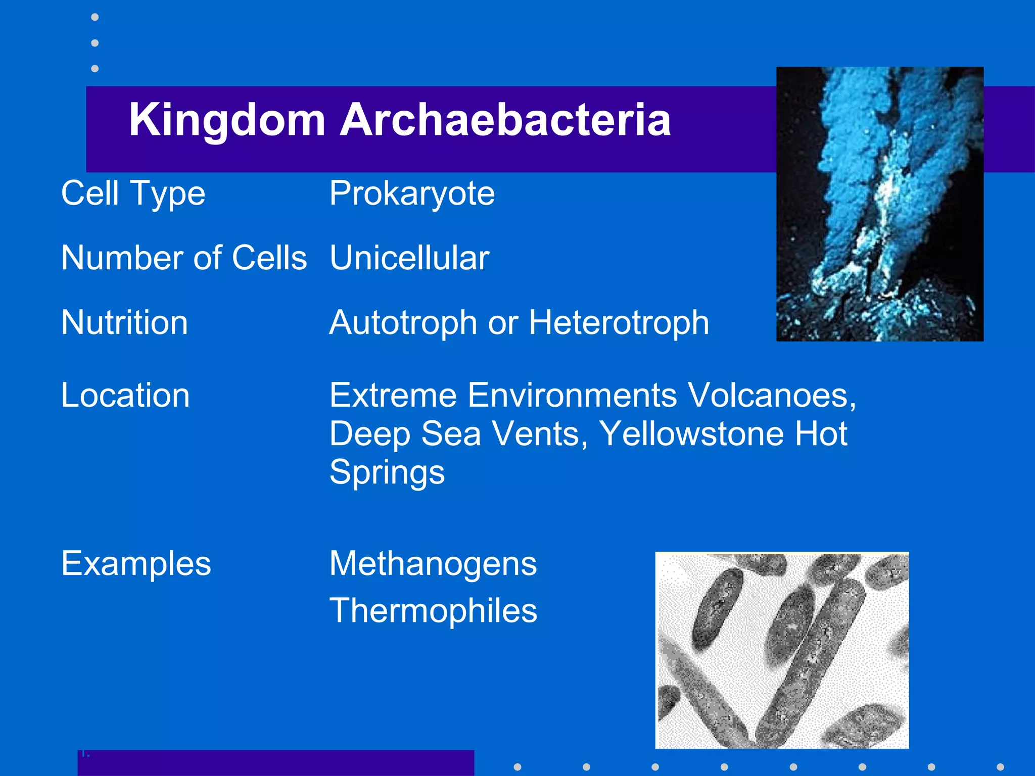 Kingdom Archaebacteria
Go to
Section:
Cell Type Prokaryote
Number of Cells Unicellular
Nutrition Autotroph or Heterotroph
Location Extreme Environments Volcanoes,
Deep Sea Vents, Yellowstone Hot
Springs
Examples Methanogens
Thermophiles
 