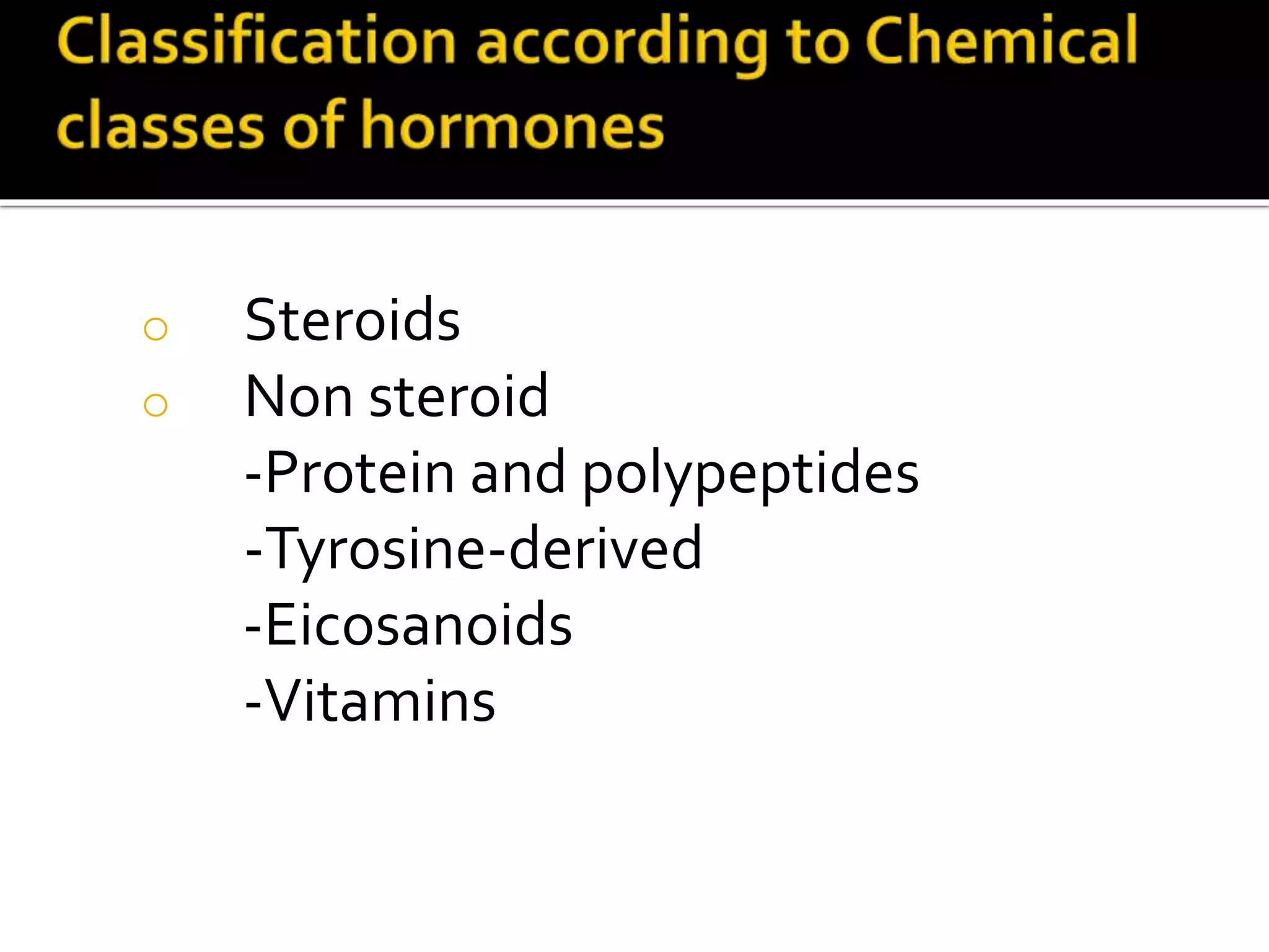 o Steroids
o Non steroid
-Protein and polypeptides
-Tyrosine-derived
-Eicosanoids
-Vitamins
 