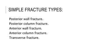 SIMPLE FRACTURE TYPES:
Posterior wall fracture.
Posterior column fracture.
Anterior wall fracture.
Anterior column fracture.
Transverse fracture.