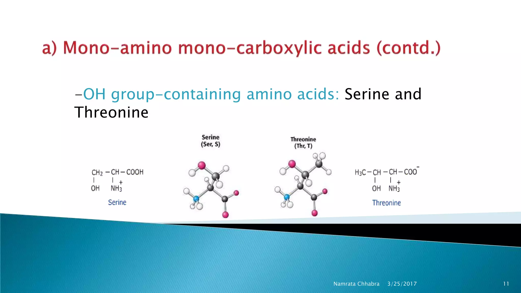 -OH group-containing amino acids: Serine and
Threonine
3/25/2017 11Namrata Chhabra
 