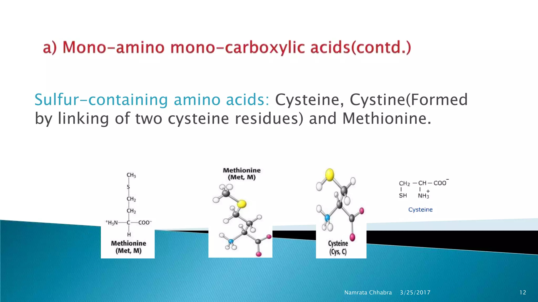 Sulfur-containing amino acids: Cysteine, Cystine(Formed
by linking of two cysteine residues) and Methionine.
3/25/2017 12Namrata Chhabra
 