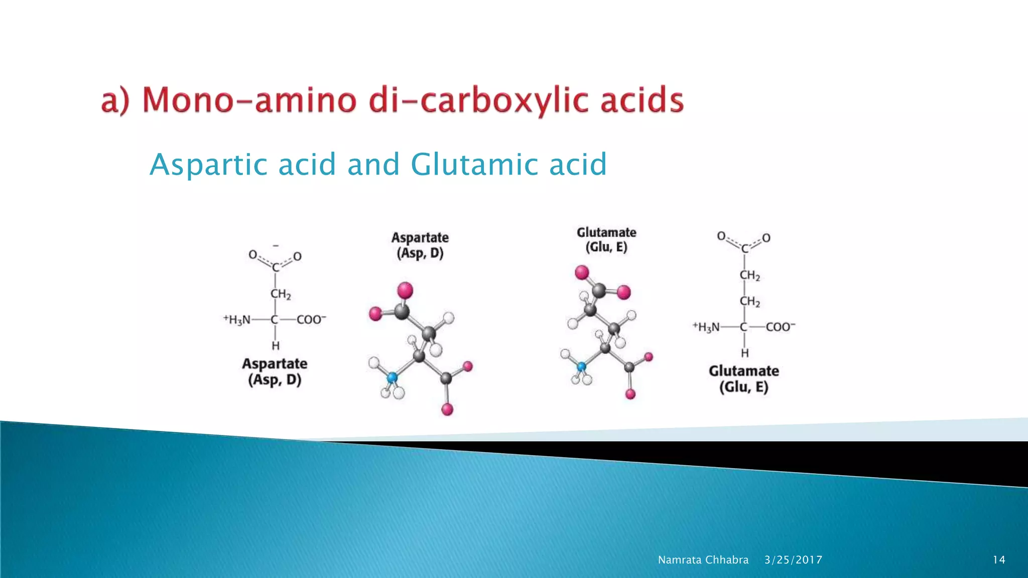 Aspartic acid and Glutamic acid
3/25/2017 14Namrata Chhabra
 