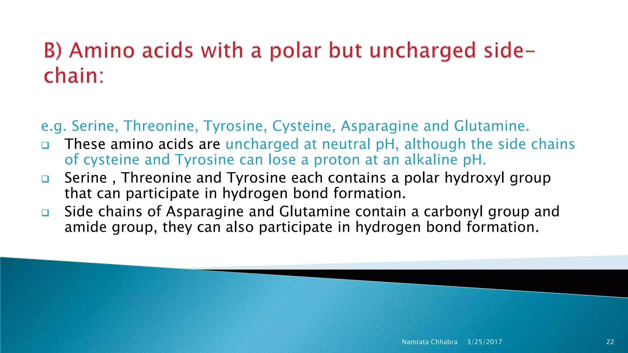 e.g. Serine, Threonine, Tyrosine, Cysteine, Asparagine and Glutamine.
 These amino acids are uncharged at neutral pH, although the side chains
of cysteine and Tyrosine can lose a proton at an alkaline pH.
 Serine , Threonine and Tyrosine each contains a polar hydroxyl group
that can participate in hydrogen bond formation.
 Side chains of Asparagine and Glutamine contain a carbonyl group and
amide group, they can also participate in hydrogen bond formation.
3/25/2017 22Namrata Chhabra
 