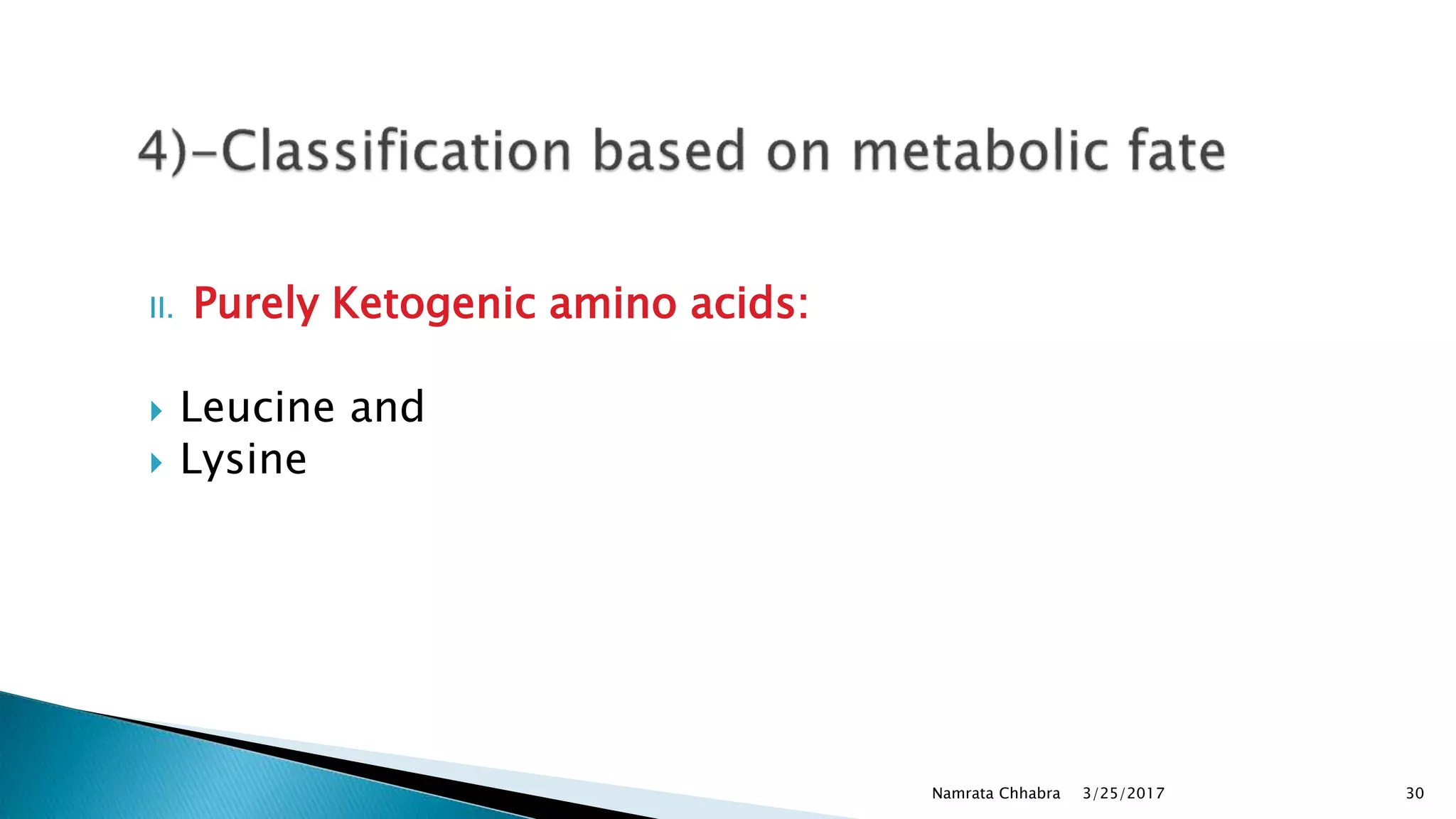 II. Purely Ketogenic amino acids:
 Leucine and
 Lysine
3/25/2017Namrata Chhabra 30
 