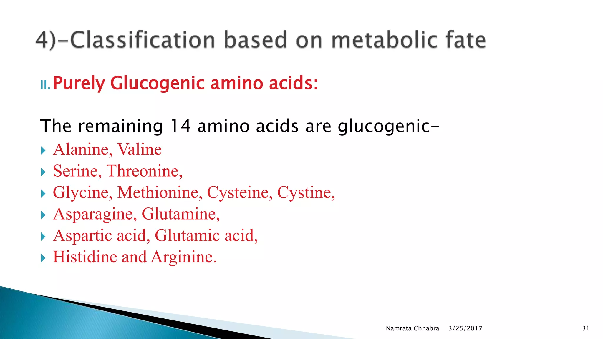II. Purely Glucogenic amino acids:
The remaining 14 amino acids are glucogenic-
 Alanine, Valine
 Serine, Threonine,
 Glycine, Methionine, Cysteine, Cystine,
 Asparagine, Glutamine,
 Aspartic acid, Glutamic acid,
 Histidine and Arginine.
3/25/2017Namrata Chhabra 31
 
