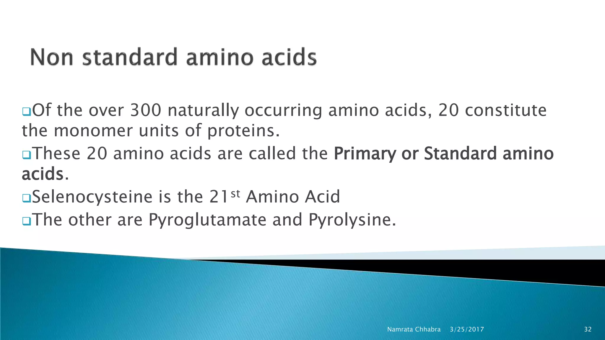 Of the over 300 naturally occurring amino acids, 20 constitute
the monomer units of proteins.
These 20 amino acids are called the Primary or Standard amino
acids.
Selenocysteine is the 21st Amino Acid
The other are Pyroglutamate and Pyrolysine.
3/25/2017 32Namrata Chhabra
 