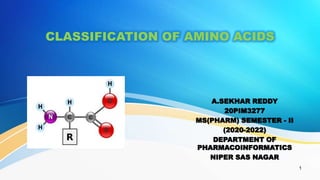CLASSIFICATION OF AMINO ACIDS
A.SEKHAR REDDY
20PIM3277
MS(PHARM) SEMESTER - II
(2020-2022)
DEPARTMENT OF
PHARMACOINFORMATICS
NIPER SAS NAGAR
1
 
