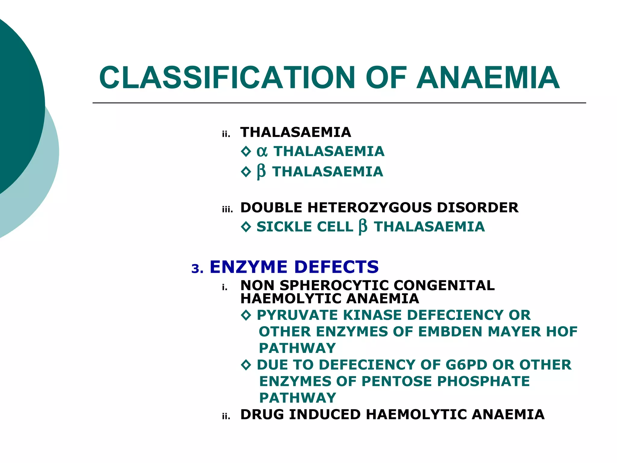 CLASSIFICATION OF ANAEMIA
           ii.    THALASAEMIA
                  ◊ α THALASAEMIA
                  ◊ β THALASAEMIA

           iii.   DOUBLE HETEROZYGOUS DISORDER
                  ◊ SICKLE CELL β THALASAEMIA


     3.   ENZYME DEFECTS
           i.     NON SPHEROCYTIC CONGENITAL
                  HAEMOLYTIC ANAEMIA
                  ◊ PYRUVATE KINASE DEFECIENCY OR
                    OTHER ENZYMES OF EMBDEN MAYER HOF
                    PATHWAY
                  ◊ DUE TO DEFECIENCY OF G6PD OR OTHER
                    ENZYMES OF PENTOSE PHOSPHATE
                    PATHWAY
           ii.    DRUG INDUCED HAEMOLYTIC ANAEMIA
 