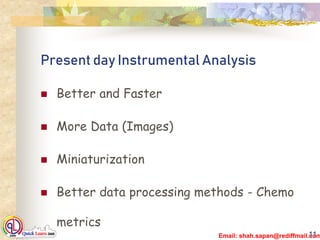 Email: shah.sapan@rediffmail.com
Present day Instrumental Analysis
 Better and Faster
 More Data (Images)
 Miniaturization
 Better data processing methods - Chemo
metrics
11
 