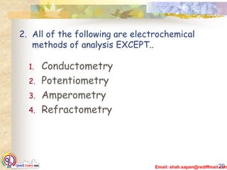 Email: shah.sapan@rediffmail.com
2. All of the following are electrochemical
methods of analysis EXCEPT..
1. Conductometry
2. Potentiometry
3. Amperometry
4. Refractometry
20
 