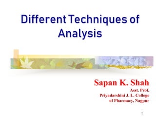 1
Different Techniques of
Analysis
Sapan K. Shah
Asst. Prof.
Priyadarshini J. L. College
of Pharmacy, Nagpur
 