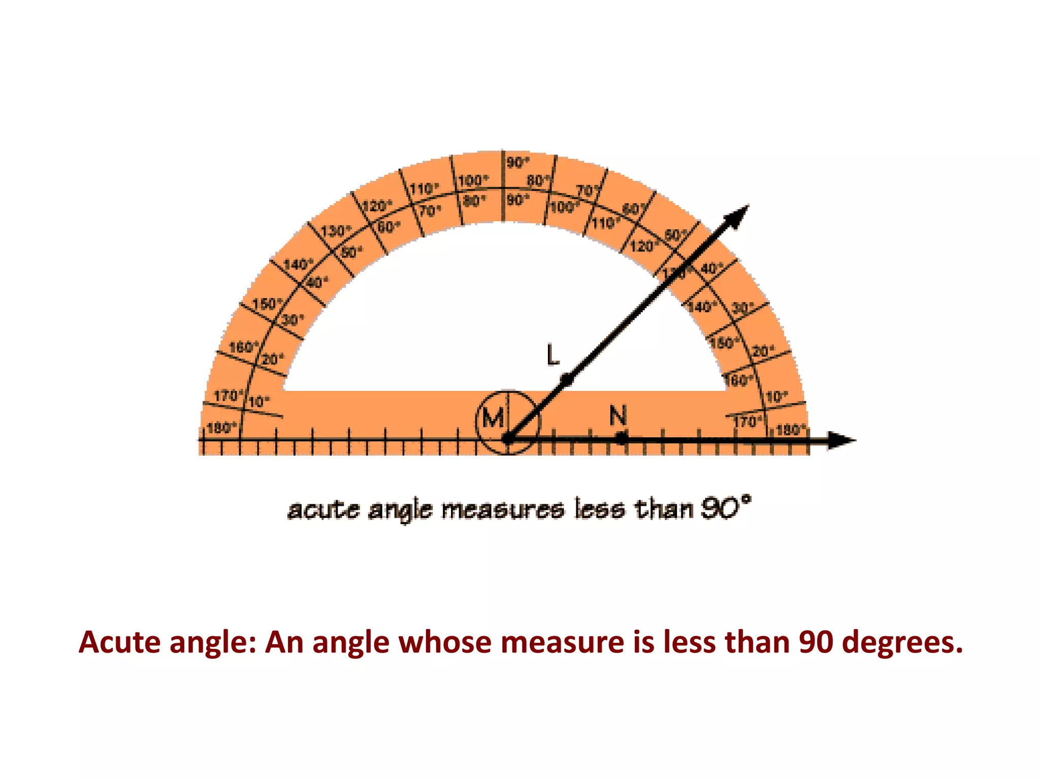 Acute angle: An angle whose measure is less than 90 degrees.