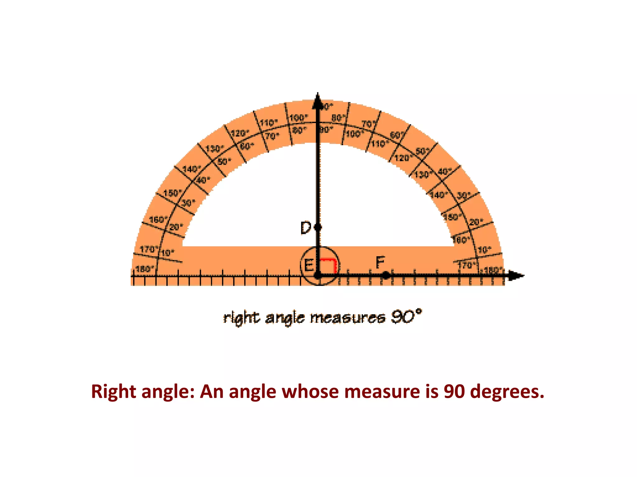 Right angle: An angle whose measure is 90 degrees.