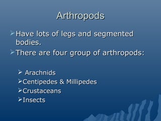 ArthropodsArthropods
Have lots of legs and segmentedHave lots of legs and segmented
bodies.bodies.
There are four group of arthropods:There are four group of arthropods:
 ArachnidsArachnids
Centipedes & MillipedesCentipedes & Millipedes
CrustaceansCrustaceans
InsectsInsects
 