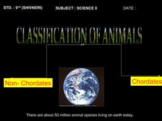 STD. : 9TH
(SHIVNERI) SUBJECT : SCIENCE II DATE :
There are about 50 million animal species living on earth today.
Non- Chordates Chordates
 