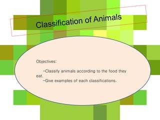 Objectives:
-Classify animals according to the food they
eat.
-Give examples of each classifications.
 