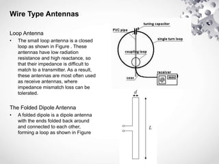 Wire Type Antennas
Loop Antenna
• The small loop antenna is a closed
loop as shown in Figure . These
antennas have low radiation
resistance and high reactance, so
that their impedance is difficult to
match to a transmitter. As a result,
these antennas are most often used
as receive antennas, where
impedance mismatch loss can be
tolerated.
The Folded Dipole Antenna
• A folded dipole is a dipole antenna
with the ends folded back around
and connected to each other,
forming a loop as shown in Figure
 