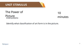 6
UNIT STIMULUS
The Power of
Picture
Instructions:
Identify what classification of art form is in the picture.
10
minutes
 