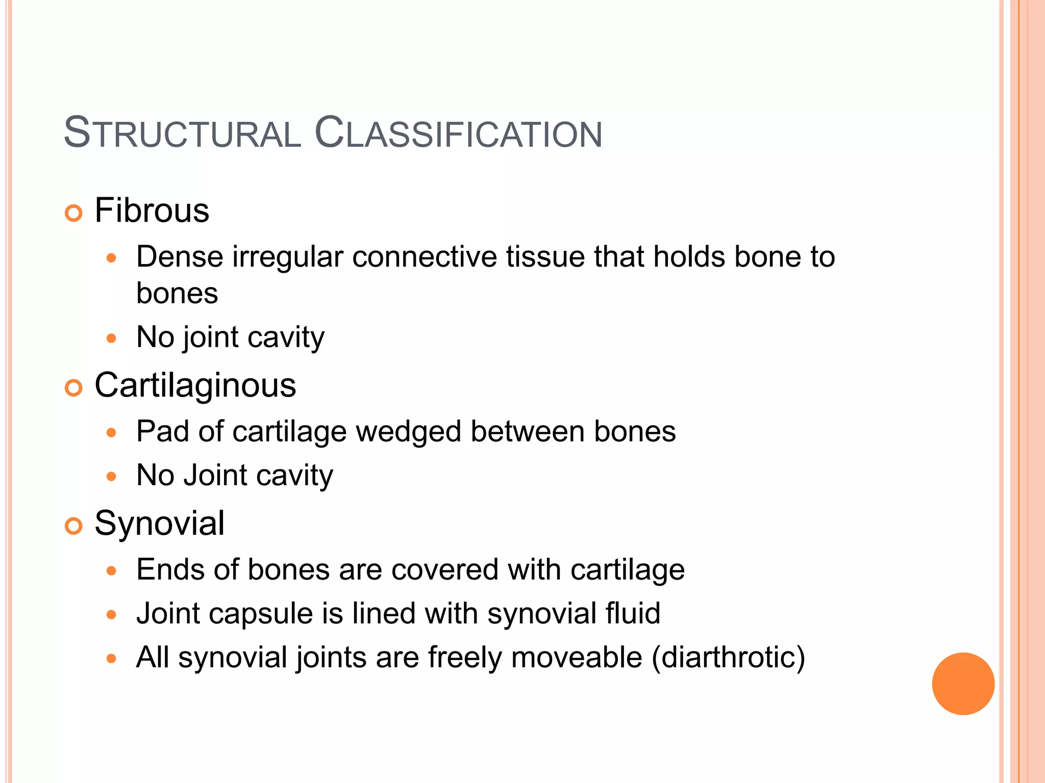 Structural ClassificationFibrousDense irregular connective tissue that holds bone to bonesNo joint cavityCartilaginousPad of cartilage wedged between bonesNo Joint cavitySynovialEnds of bones are covered with cartilageJoint capsule is lined with synovial fluidAll synovial joints are freely moveable (diarthrotic)