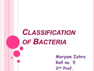 CLASSIFICATION
OF BACTERIA
Maryam Zahra
Roll no. 5
2nd Prof.

 