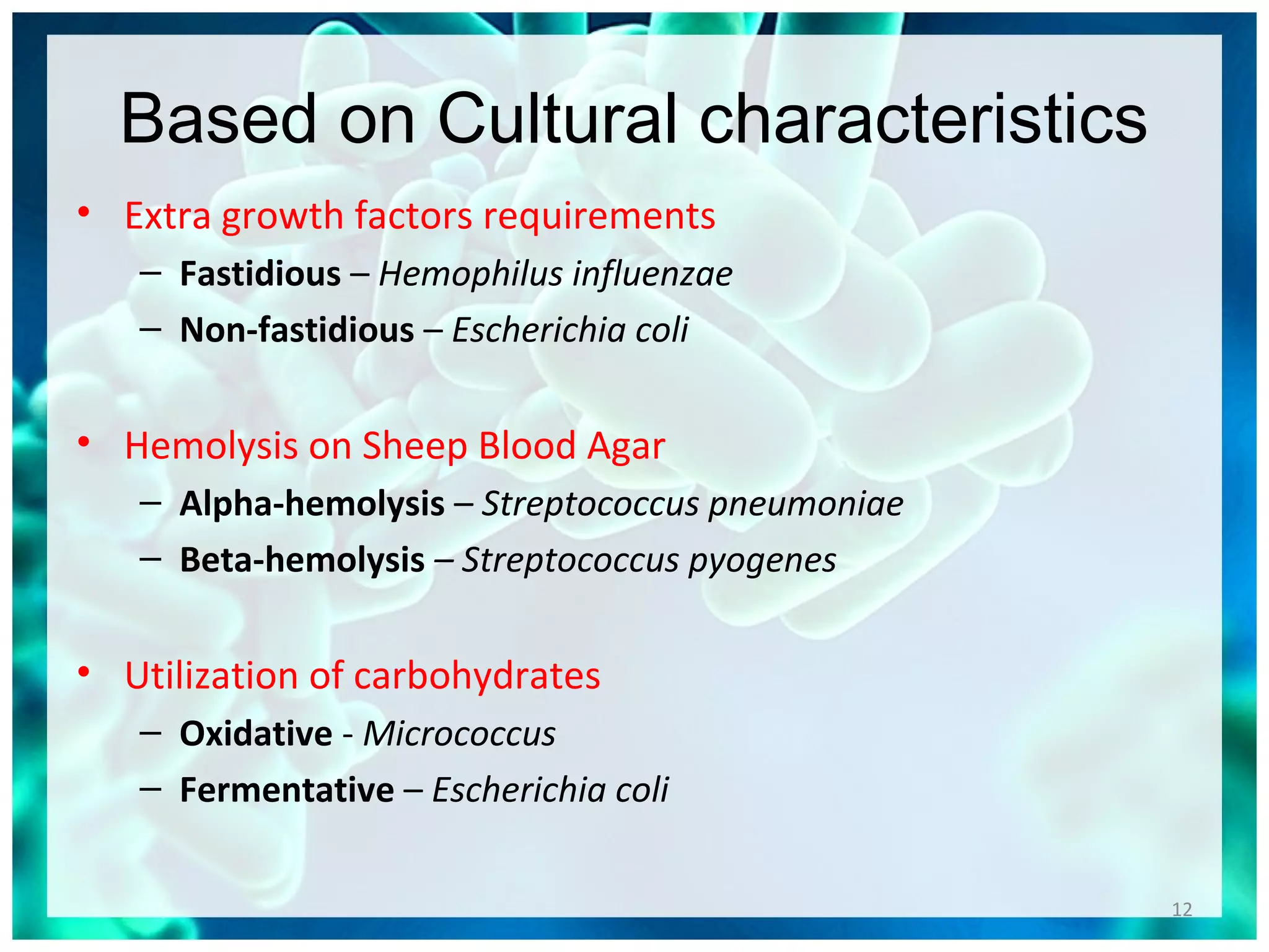 Based on Cultural characteristics
• Extra growth factors requirements
– Fastidious – Hemophilus influenzae
– Non-fastidious – Escherichia coli
• Hemolysis on Sheep Blood Agar
– Alpha-hemolysis – Streptococcus pneumoniae
– Beta-hemolysis – Streptococcus pyogenes
• Utilization of carbohydrates
– Oxidative - Micrococcus
– Fermentative – Escherichia coli
12
 