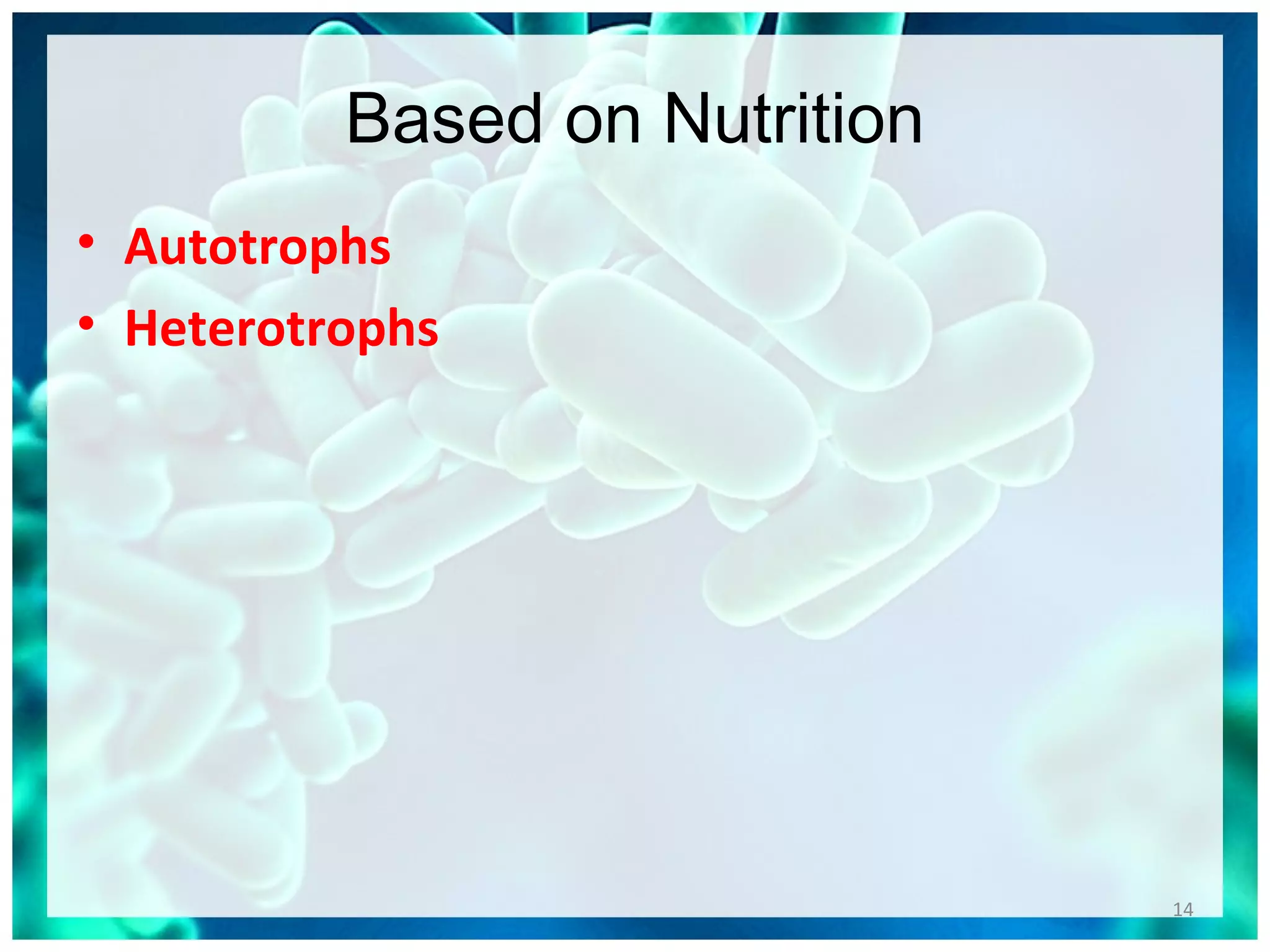Based on Nutrition
• Autotrophs
• Heterotrophs
14
 