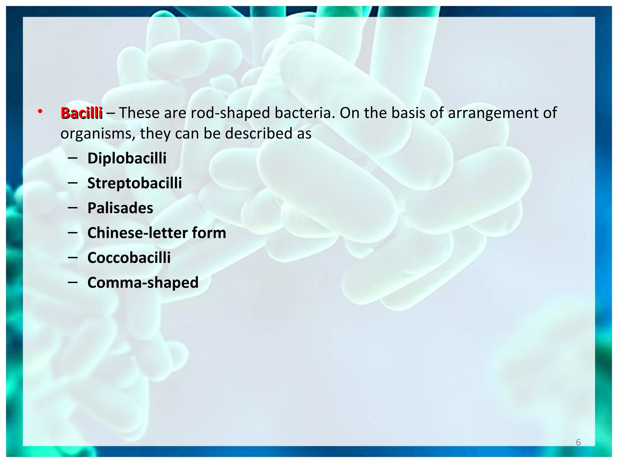 • BacilliBacilli – These are rod-shaped bacteria. On the basis of arrangement of
organisms, they can be described as
– Diplobacilli
– Streptobacilli
– Palisades
– Chinese-letter form
– Coccobacilli
– Comma-shaped
6
 