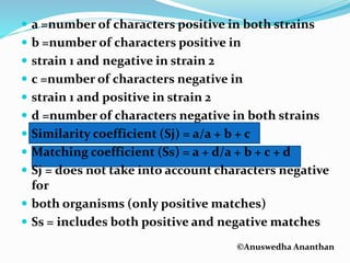 ©Anuswedha Ananthan
 a =number of characters positive in both strains
 b =number of characters positive in
 strain 1 and negative in strain 2
 c =number of characters negative in
 strain 1 and positive in strain 2
 d =number of characters negative in both strains
 Similarity coefficient (Sj) = a/a + b + c
 Matching coefficient (Ss) = a + d/a + b + c + d
 Sj = does not take into account characters negative
for
 both organisms (only positive matches)
 Ss = includes both positive and negative matches
 