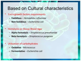 Based on Cultural characteristics
12
• Extra growth factors requirements
– Fastidious – Hemophilus influenzae
– Non-fastidious – Escherichia coli
• Hemolysis on Sheep Blood Agar
– Alpha-hemolysis – Streptococcus pneumoniae
– Beta-hemolysis – Streptococcus pyogenes
• Utilization of carbohydrates
– Oxidative - Micrococcus
– Fermentative – Escherichia coli
 