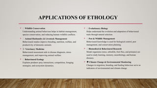 APPLICATIONS OF ETHOLOGY
 🦁 Wildlife Conservation
Understanding animal behaviour helps in habitat management,
species conservation, and reducing human–wildlife conflicts.
 🐄 Animal Husbandry & Livestock Management
Behavioural studies improve breeding, nutrition, welfare, and
productivity of domestic animals.
 🩺 Veterinary Medicine
Behavioural assessment aids in disease diagnosis, stress
management, and improving animal welfare.
 🌱 Behavioural Ecology
Explains predator–prey interactions, competition, foraging
strategies, and ecosystem dynamics.
 🧬 Evolutionary Biology
Helps understand the evolution and adaptation of behavioural
traits through natural selection.
 🐝 Pest & Wildlife Management
Behavioural knowledge is used for biological control, pest
management, and conservation planning.
 🔬 Biomedical & Behavioural Research
Model organisms (mice, zebrafish, fruit flies, and primates) are
used to study learning, memory, neurobiology, and human
diseases.
 🌍 Climate Change & Environmental Monitoring
Changes in migration, breeding, and feeding behaviour serve as
indicators of environmental and climate change.
 
