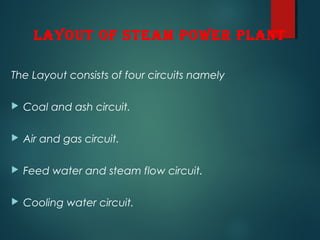Layout of Steam Power PLant
The Layout consists of four circuits namely
 Coal and ash circuit.
 Air and gas circuit.
 Feed water and steam flow circuit.
 Cooling water circuit.
 