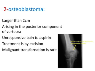 2-osteoblastoma:
• Larger than 2cm
• Arising in the posterior component
of vertebra
• Unresponsive pain to aspirin
• Treatment is by excision
• Malignant transfornation is rare
 