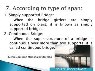 1. Simply supported Bridge:
When the bridge girders are simply
supported on piers, it is known as simply
supported bridges.
2. Continuous Bridge:
When the super structure of a bridge is
continuous over more than two supports, it is
called continuous bridge.
SOURCE: GOOGLE IMAGES
Glenn L. Jackson Memorial Bridge,USA
 