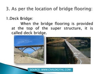 1.Deck Bridge:
When the bridge flooring is provided
at the top of the super structure, it is
called deck bridge.
SOURCE: WWW.CIVILDIGITAL.COM
 
