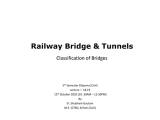 Railway Bridge & Tunnels
Classification of Bridges
5th Semester Dilpoma (Civil)
Lecture – 18,19
15th October 2020 (10 :30AM – 12:30PM)
By
Er. Shubham Gautam
M.E. (CTM), B.Tech (Civil)
 