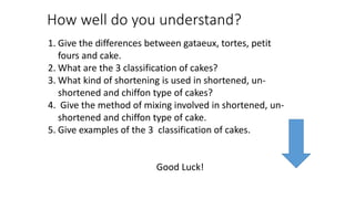 How well do you understand?
1. Give the differences between gataeux, tortes, petit
fours and cake.
2. What are the 3 classification of cakes?
3. What kind of shortening is used in shortened, un-
shortened and chiffon type of cakes?
4. Give the method of mixing involved in shortened, un-
shortened and chiffon type of cake.
5. Give examples of the 3 classification of cakes.
Good Luck!
 