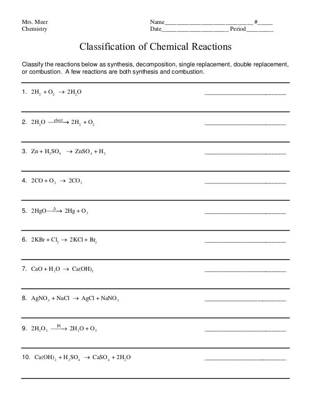 Classification of chemical reactions CHM 02 worksheet 2