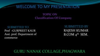 WELCOME TO MY PRESENTATION
TOPIC ON
Classification Of Company
SUBMITTED TO
Prof -GURPREET KAUR
Asst. prof. Department of
commerce
SUBMITTED BY
RAJESH KUMAR
B.COM 4th SEM.
GURU NANAK COLLAGE,PHAGWARA
 