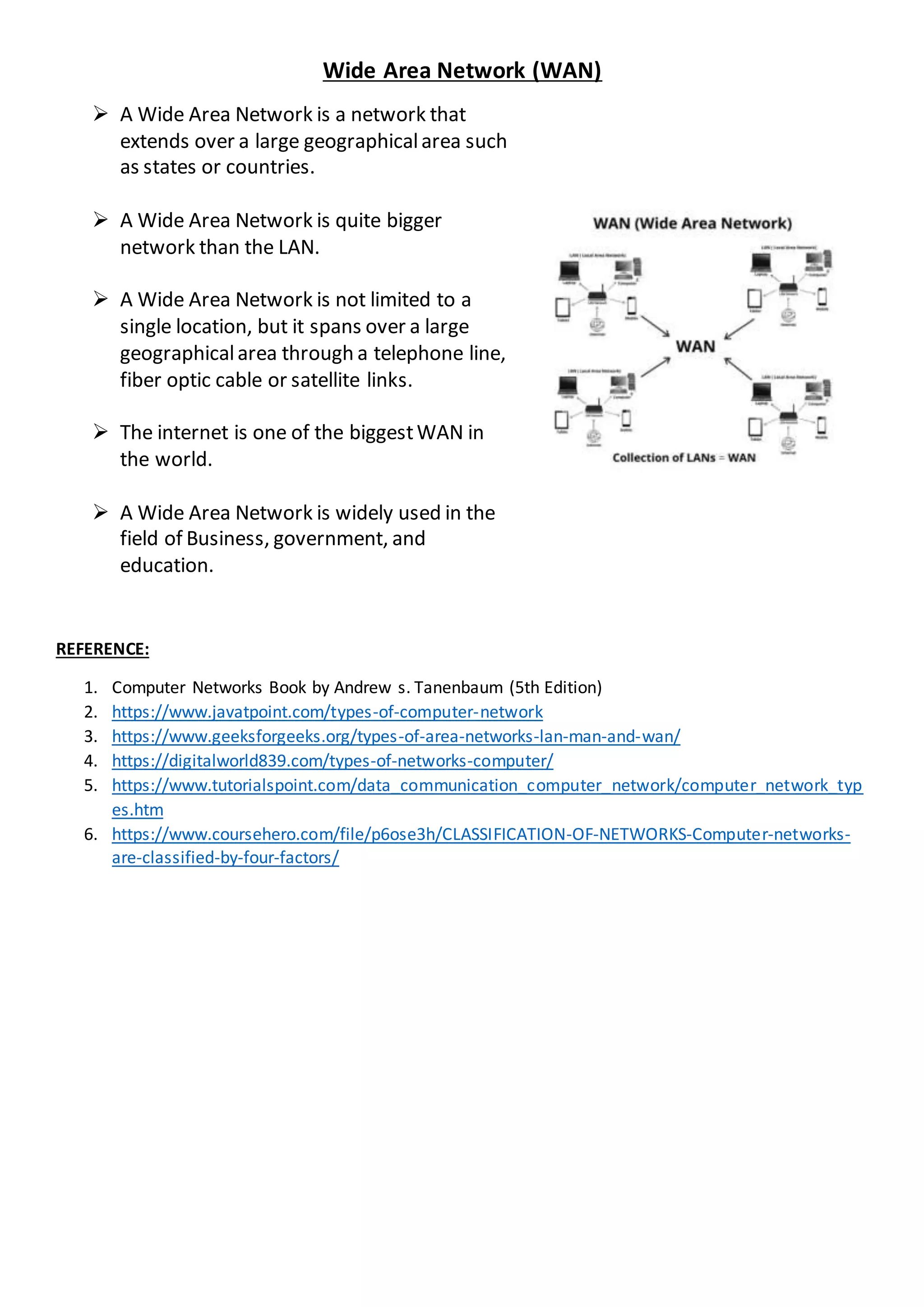Wide Area Network (WAN)
 A Wide Area Network is a network that
extends over a large geographicalarea such
as states or countries.
 A Wide Area Network is quite bigger
network than the LAN.
 A Wide Area Network is not limited to a
single location, but it spans over a large
geographicalarea through a telephone line,
fiber optic cable or satellite links.
 The internet is one of the biggestWAN in
the world.
 A Wide Area Network is widely used in the
field of Business, government, and
education.
REFERENCE:
1. Computer Networks Book by Andrew s. Tanenbaum (5th Edition)
2. https://www.javatpoint.com/types-of-computer-network
3. https://www.geeksforgeeks.org/types-of-area-networks-lan-man-and-wan/
4. https://digitalworld839.com/types-of-networks-computer/
5. https://www.tutorialspoint.com/data_communication_computer_network/computer_network_typ
es.htm
6. https://www.coursehero.com/file/p6ose3h/CLASSIFICATION-OF-NETWORKS-Computer-networks-
are-classified-by-four-factors/
 