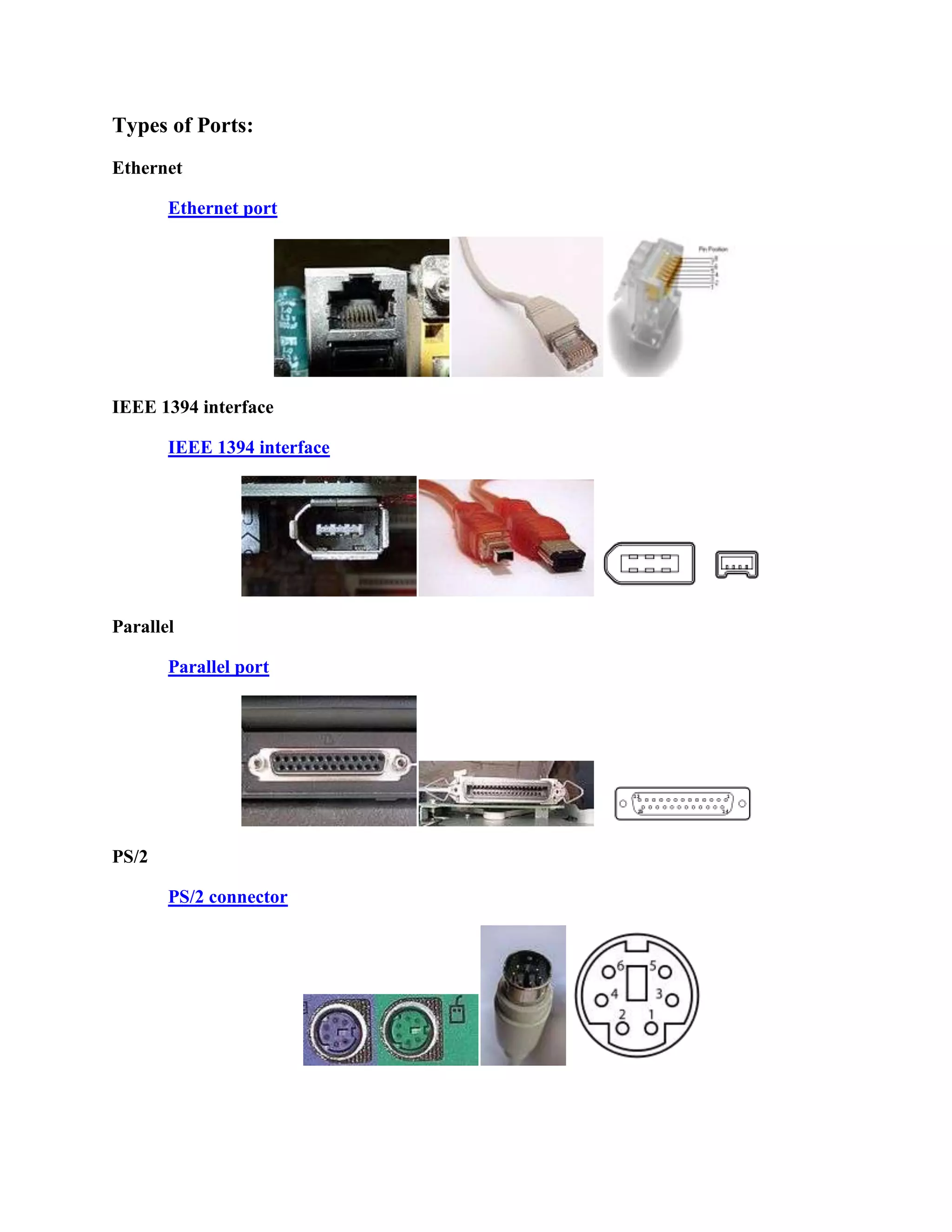 Types of Ports:
Ethernet

       Ethernet port




IEEE 1394 interface

       IEEE 1394 interface




Parallel

       Parallel port




PS/2

       PS/2 connector
 
