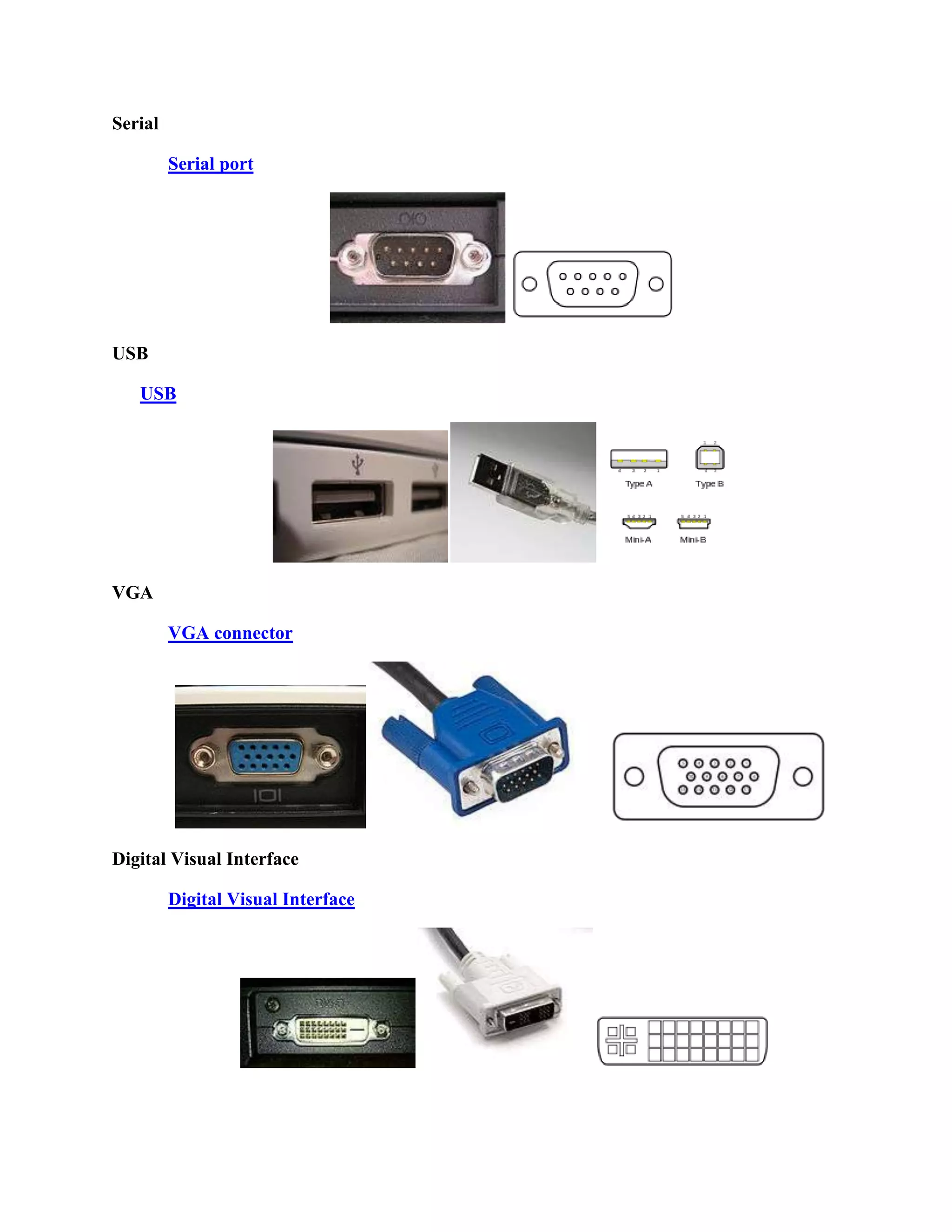 Serial

         Serial port




USB

   USB




VGA

         VGA connector




Digital Visual Interface

         Digital Visual Interface
 