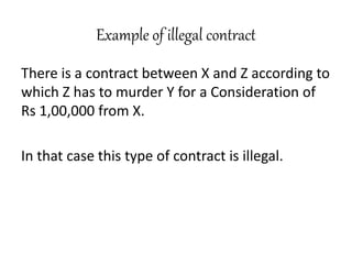 Example of illegal contract
There is a contract between X and Z according to
which Z has to murder Y for a Consideration of
Rs 1,00,000 from X.
In that case this type of contract is illegal.
 